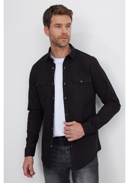 Erkek Slim Fit Dar Kesim Uzun Kollu Denim Kot Çift Cep Çıtçıtlı Siyah Gömlek indirimleri
