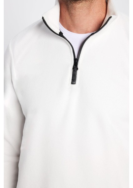 Unisex Standart Fit Anti-pilling Tüylenme Yapmayan Soğuk Geçirmez Ekru Dik Yaka Polar Sweatshirt indirimleri