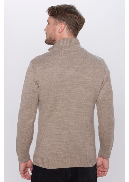 Erkek Slim Fit Dar Kesim Armürlü Fermuarlı Kahve Dik Yaka Triko Kazak fırsatları