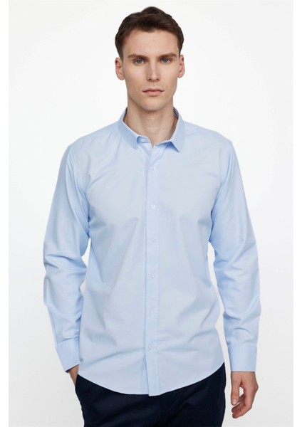 Modern Slim Fit Uzun Kollu Düz Erkek Mavi Gömlek