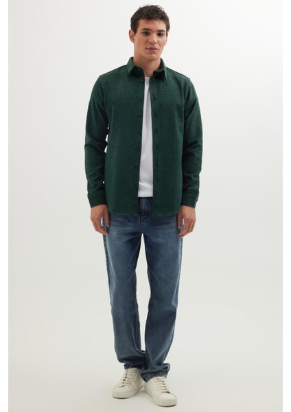 Erkek Slim Fit Dar Kesim Uzun Kollu Düz Kışlık Oduncu Yeşil Gömlek fırsatları