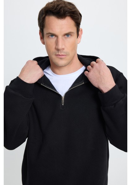 Unisex Relax Fit Rahat Kesim Pamuklu İçi Polarlı Yarım Fermuarlı Siyah Kapüşonlu Sweatshirt fiyatları