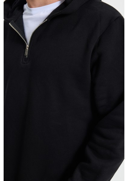 Unisex Relax Fit Rahat Kesim Pamuklu İçi Polarlı Yarım Fermuarlı Siyah Kapüşonlu Sweatshirt modelleri