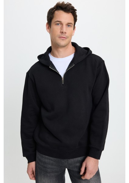 Unisex Relax Fit Rahat Kesim Pamuklu İçi Polarlı Yarım Fermuarlı Siyah Kapüşonlu Sweatshirt fırsatları