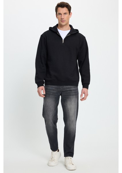 Unisex Relax Fit Rahat Kesim Pamuklu İçi Polarlı Yarım Fermuarlı Siyah Kapüşonlu Sweatshirt indirimleri