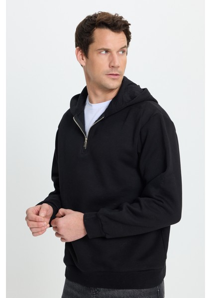 Unisex Relax Fit Rahat Kesim Pamuklu İçi Polarlı Yarım Fermuarlı Siyah Kapüşonlu Sweatshirt