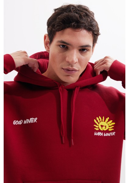 Unisex Oversize Geniş Kesim Pamuklu Yumuşak Dokulu İçi Polarlı Baskılı Bordo Kapüşonlu Sweatshirt fiyatları