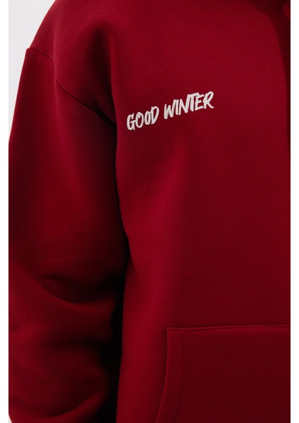 Unisex Oversize Geniş Kesim Pamuklu Yumuşak Dokulu İçi Polarlı Baskılı Bordo Kapüşonlu Sweatshirt modelleri