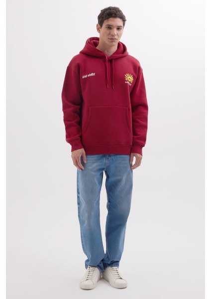 Unisex Oversize Geniş Kesim Pamuklu Yumuşak Dokulu İçi Polarlı Baskılı Bordo Kapüşonlu Sweatshirt fırsatları