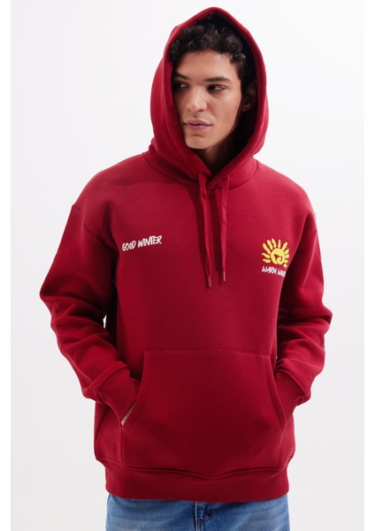 Unisex Oversize Geniş Kesim Pamuklu Yumuşak Dokulu İçi Polarlı Baskılı Bordo Kapüşonlu Sweatshirt indirimleri