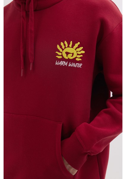 Unisex Oversize Geniş Kesim Pamuklu Yumuşak Dokulu İçi Polarlı Baskılı Bordo Kapüşonlu Sweatshirt
