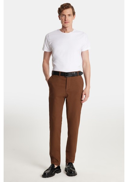 Erkek Slim Fit Chino Esnek Yandan Cepli Önü Fermuarlı Pamuklu Dokulu Kahverengi Pantolon fiyatları