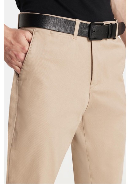 Erkek Regular Fit Chino Esnek Yandan Cepli Önü Fermuarlı Pamuklu Dokulu Bej Pantolon