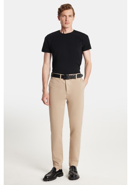 Erkek Regular Fit Chino Esnek Yandan Cepli Önü Fermuarlı Pamuklu Dokulu Bej Pantolon modelleri