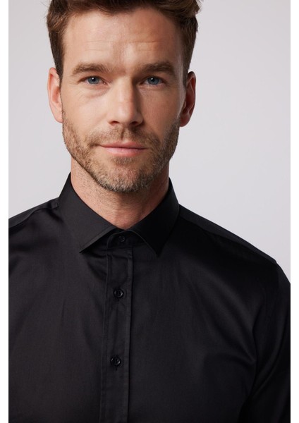 Slim Fit Uzun Kollu Pamuk Saten Erkek Siyah Gömlek fiyatları