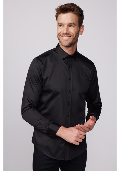 Slim Fit Uzun Kollu Pamuk Saten Erkek Siyah Gömlek modelleri