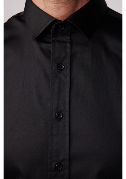 Slim Fit Uzun Kollu Pamuk Saten Erkek Siyah Gömlek fırsatları