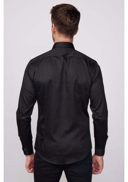 Slim Fit Uzun Kollu Pamuk Saten Erkek Siyah Gömlek indirimleri