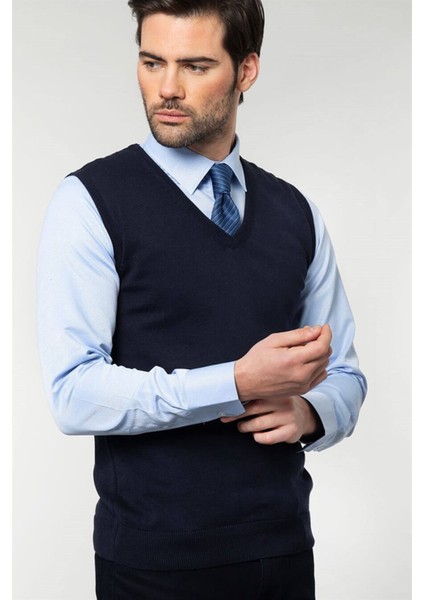 Erkek Slim Fit V Yaka Kendinden Desenli Lacivert Süveter