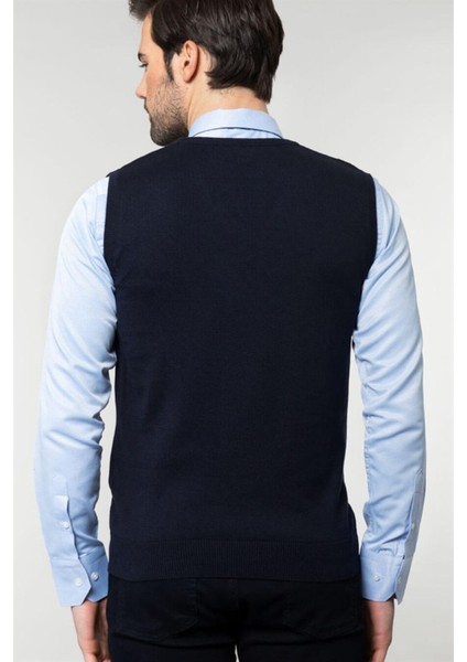 Erkek Slim Fit V Yaka Kendinden Desenli Lacivert Süveter modelleri