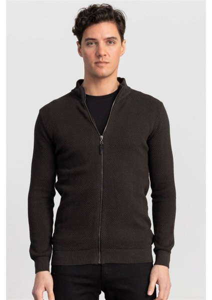 Erkek Standart Fit Normal Kesim Desenli Yarım Balıkçı Yaka Fermuarlı Gri Hırka fiyatları