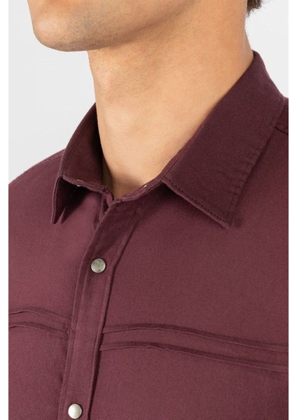 Slim Fit Uzun Kollu Dar Kesim Metal Düğme Denim Kot Erkek Mürdüm Gömlek modelleri