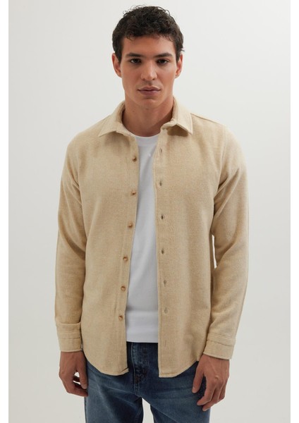 Erkek Slim Fit Dar Kesim Uzun Kollu Düz Kışlık Oduncu Açık Bej Gömlek fiyatları