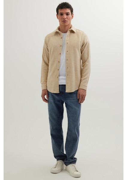 Erkek Slim Fit Dar Kesim Uzun Kollu Düz Kışlık Oduncu Açık Bej Gömlek fırsatları