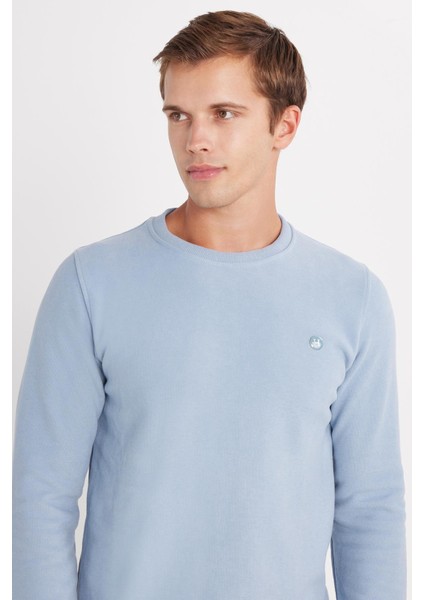 Erkek Slim Fit Dar Kesim Pamuklu Selanik Kumaş Bisiklet Yaka Mavi Sweatshirt