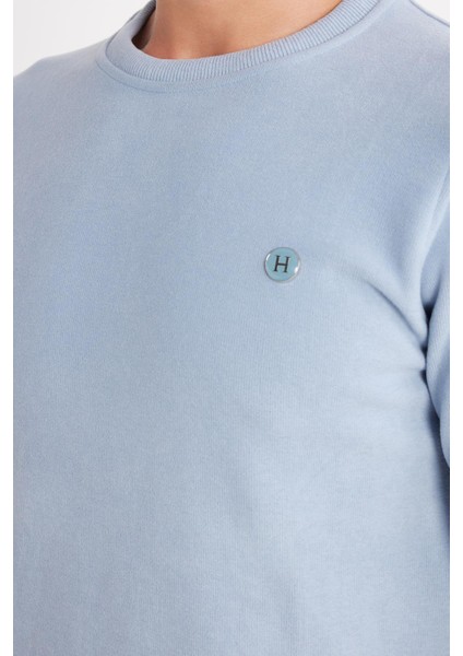 Erkek Slim Fit Dar Kesim Pamuklu Selanik Kumaş Bisiklet Yaka Mavi Sweatshirt fiyatları