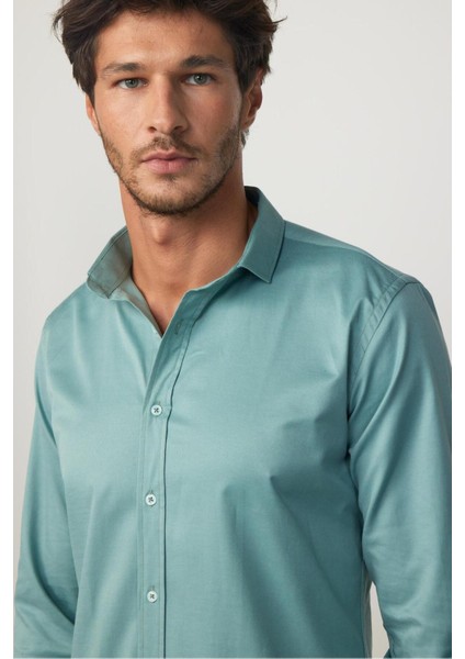 Slim Fit Uzun Kollu Likralı Düz Pamuk Saten Yeşil Erkek Gömlek fiyatları