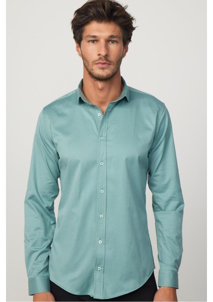 Slim Fit Uzun Kollu Likralı Düz Pamuk Saten Yeşil Erkek Gömlek modelleri