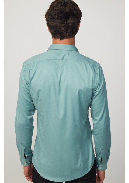 Slim Fit Uzun Kollu Likralı Düz Pamuk Saten Yeşil Erkek Gömlek indirimleri