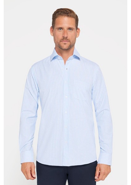 Erkek Regular Fit Klasik Kesim Pamuklu Kolay Ütü Çizgili Mavi Gömlek fiyatları