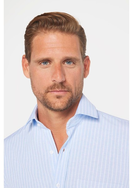 Erkek Regular Fit Klasik Kesim Pamuklu Kolay Ütü Çizgili Mavi Gömlek modelleri