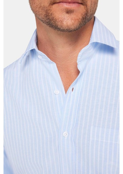 Erkek Regular Fit Klasik Kesim Pamuklu Kolay Ütü Çizgili Mavi Gömlek fırsatları