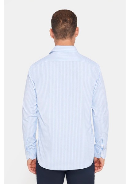Erkek Regular Fit Klasik Kesim Pamuklu Kolay Ütü Çizgili Mavi Gömlek indirimleri