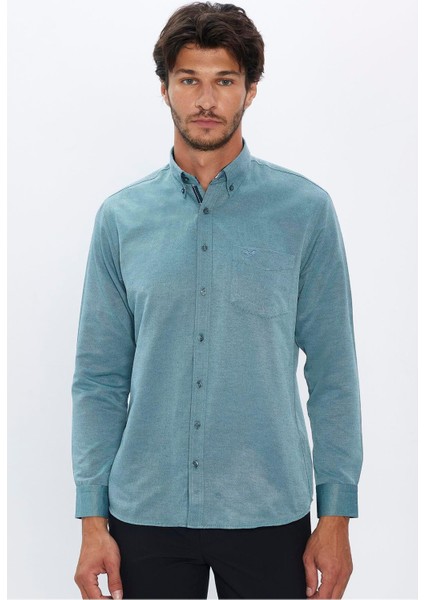 Erkek Regular Fit Klasik Kesim Pamuklu Oxford Doku Tek Cepli Yeşil Düğmeli Yaka Gömlek fırsatları