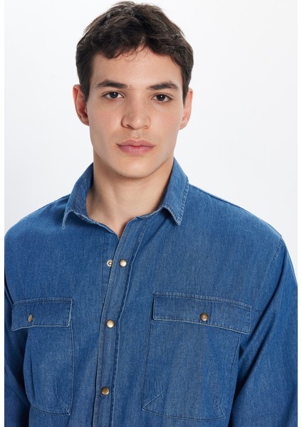 Unisex Relax Fit Rahat Kesim Denim Kot Çıtçıtlı Çift Cepli Lacivert Overshirt Ceket Tarzı Gömlek