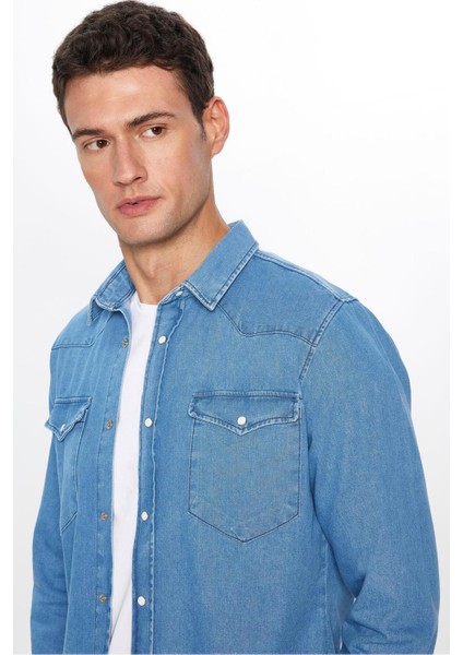 Erkek Slim Fit Dar Kesim Uzun Kollu Çift Cepli Kapaklı Parça Dikişli Mavi Denim Kot Gömlek fiyatları
