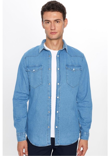 Erkek Slim Fit Dar Kesim Uzun Kollu Çift Cepli Kapaklı Parça Dikişli Mavi Denim Kot Gömlek modelleri
