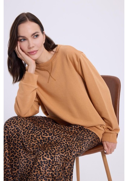 Kadın Oversize Geniş Kesim %100 Pamuk Basic Camel Bisiklet Yaka Sweatshirt modelleri