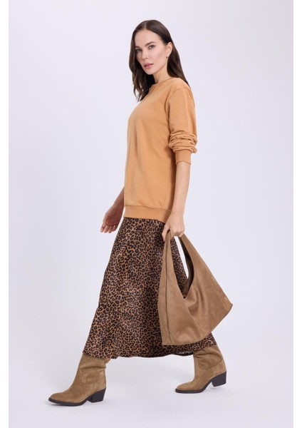 Kadın Oversize Geniş Kesim %100 Pamuk Basic Camel Bisiklet Yaka Sweatshirt fırsatları