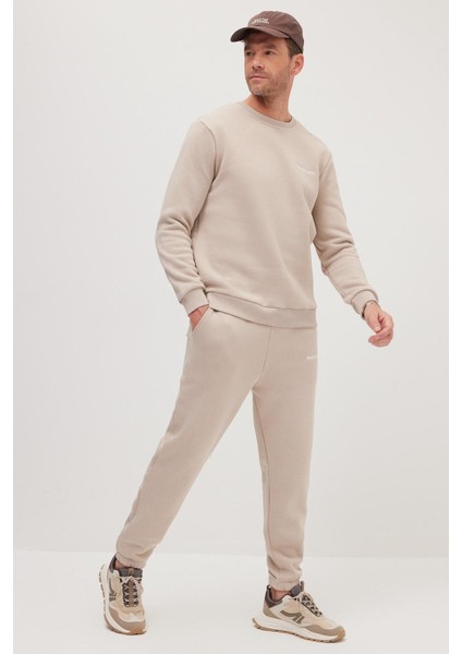 Erkek Relax Fit Pamuklu 3 İplik Yumuşak Dokulu İçi Polarlı Bisiklet Yaka Bej Eşofman Takımı
