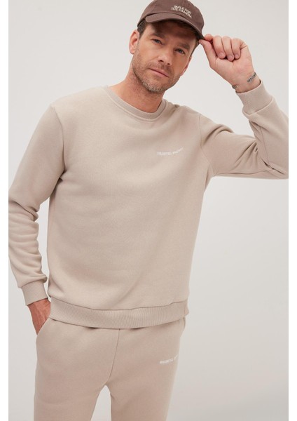 Erkek Relax Fit Pamuklu 3 İplik Yumuşak Dokulu İçi Polarlı Bisiklet Yaka Bej Eşofman Takımı modelleri