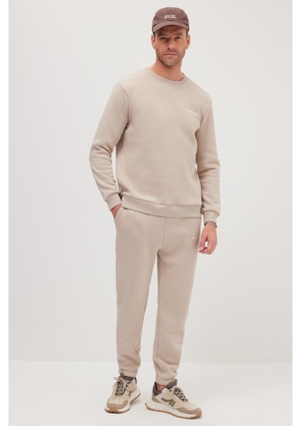 Erkek Relax Fit Pamuklu 3 İplik Yumuşak Dokulu İçi Polarlı Bisiklet Yaka Bej Eşofman Takımı fırsatları
