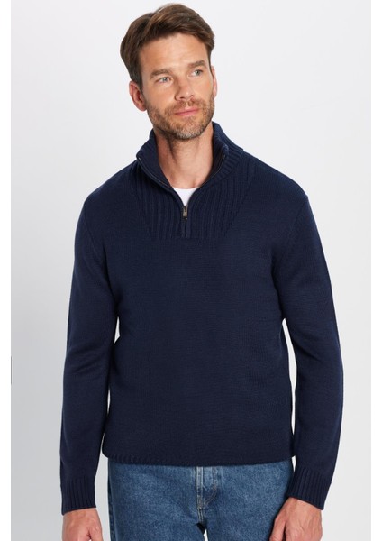 Erkek Slim Fit Dar Kesim Armürlü Fermuarlı Lacivert Dik Yaka Kazak fiyatları