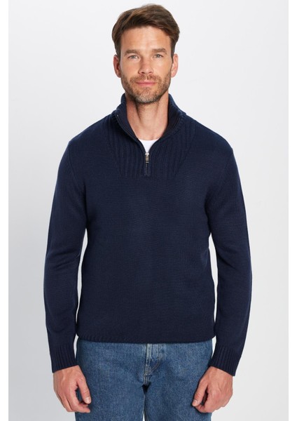 Erkek Slim Fit Dar Kesim Armürlü Fermuarlı Lacivert Dik Yaka Kazak modelleri