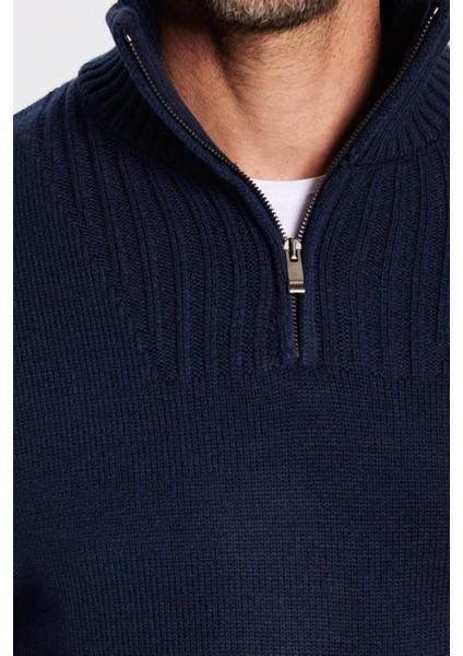 Erkek Slim Fit Dar Kesim Armürlü Fermuarlı Lacivert Dik Yaka Kazak fırsatları