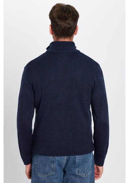 Erkek Slim Fit Dar Kesim Armürlü Fermuarlı Lacivert Dik Yaka Kazak indirimleri